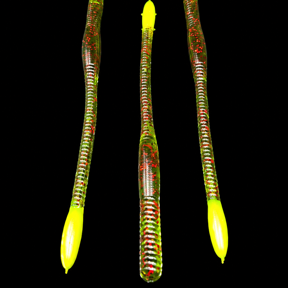 Three glowing fishing lures on a black background
